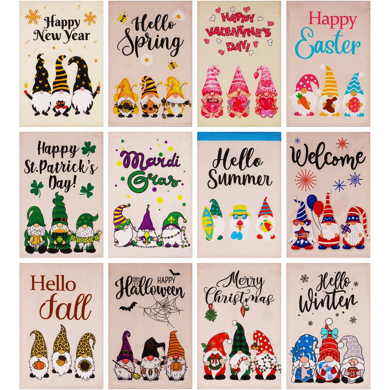 G128 Garden Flag Set Holiday Gnomes 12"x18" 12 pieces Burlap Fabric